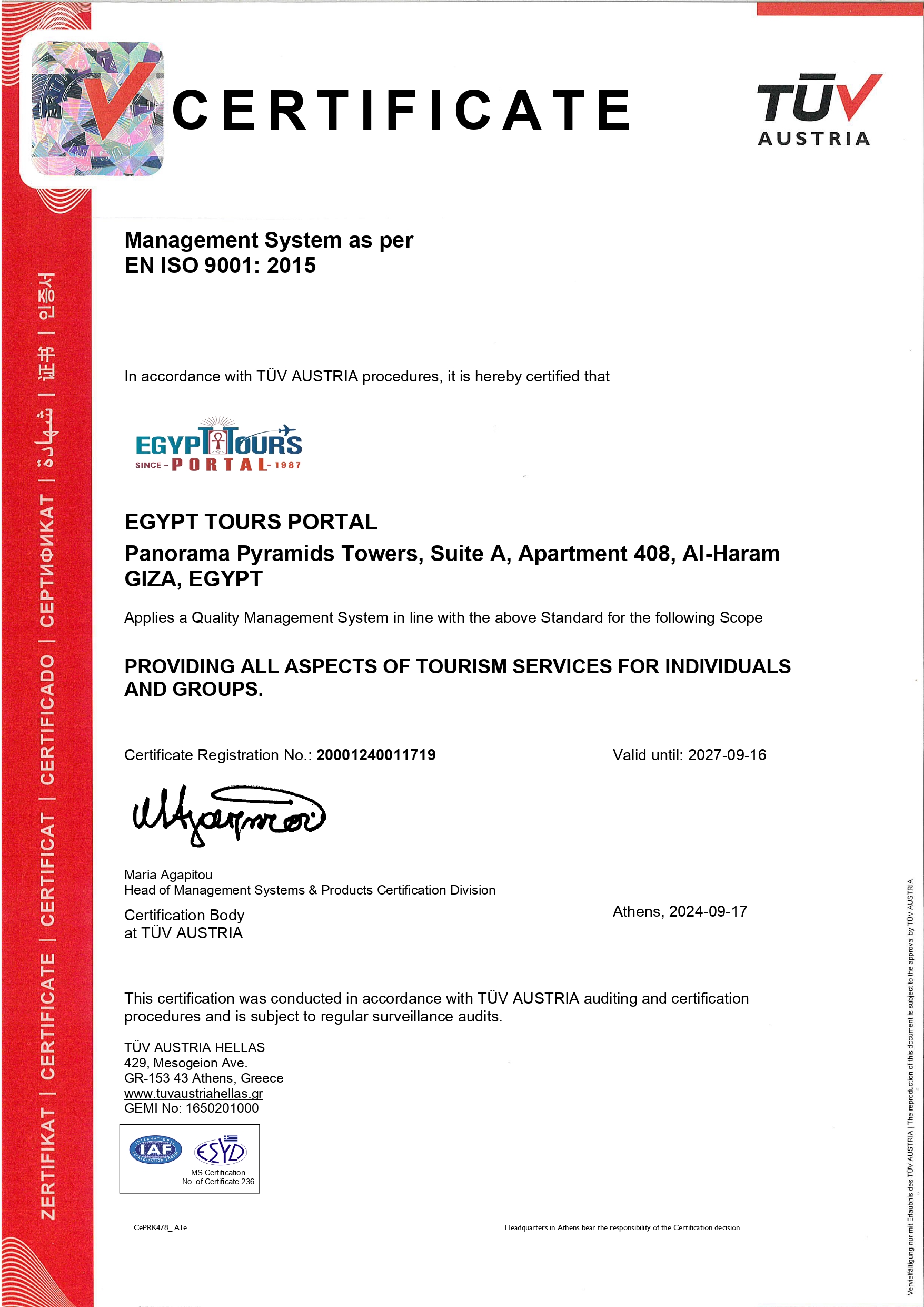 Egypt Tours Portal ISO Certificate 9001